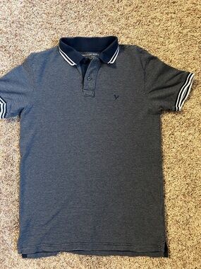 American Eagle Outfitters Navy and White Stripe Polo